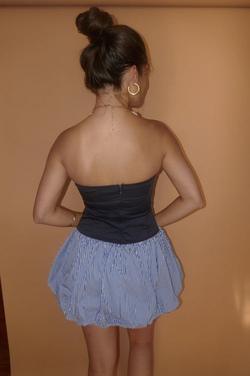 Blue strapless drop waist mini dress