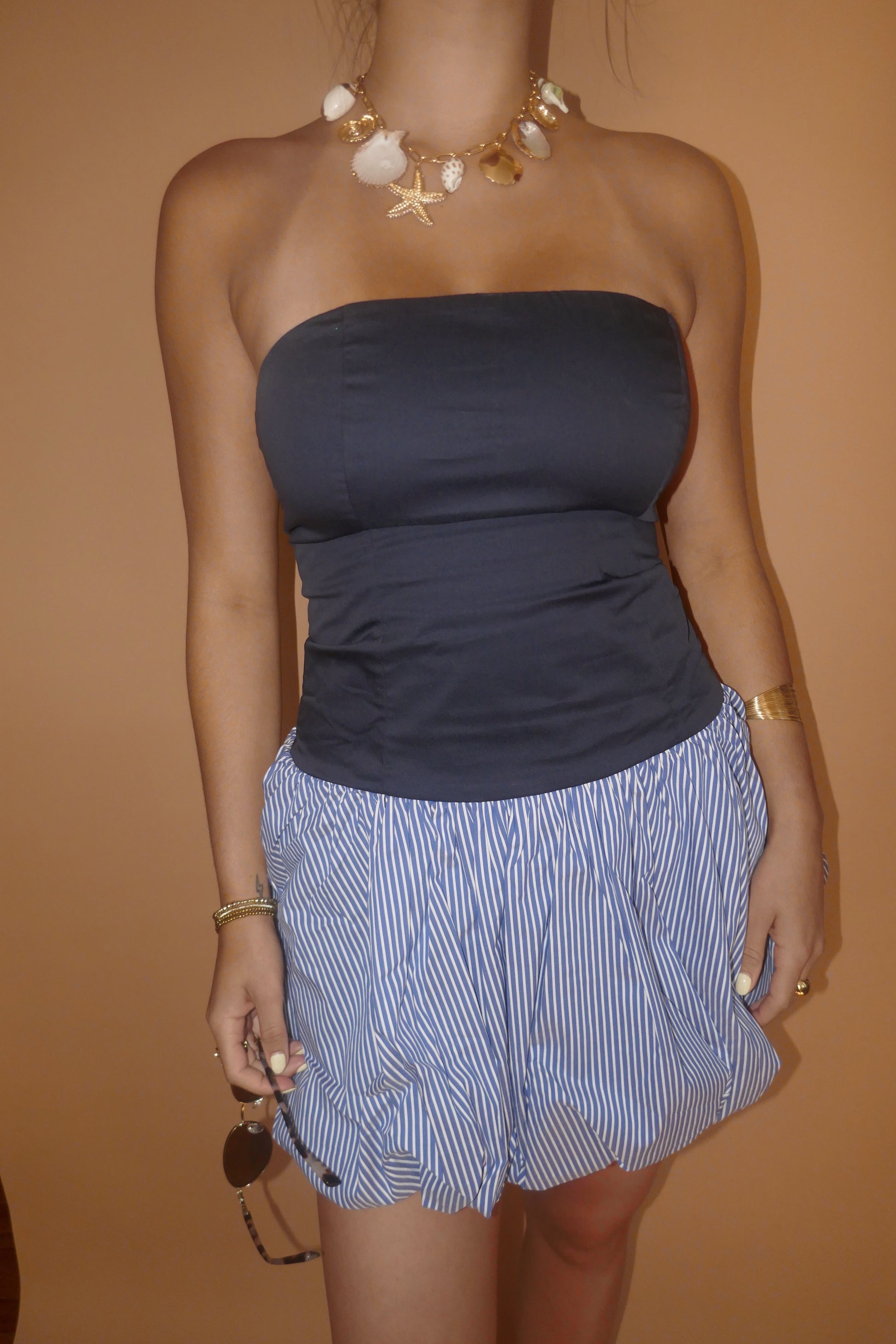 Blue strapless drop waist mini dress