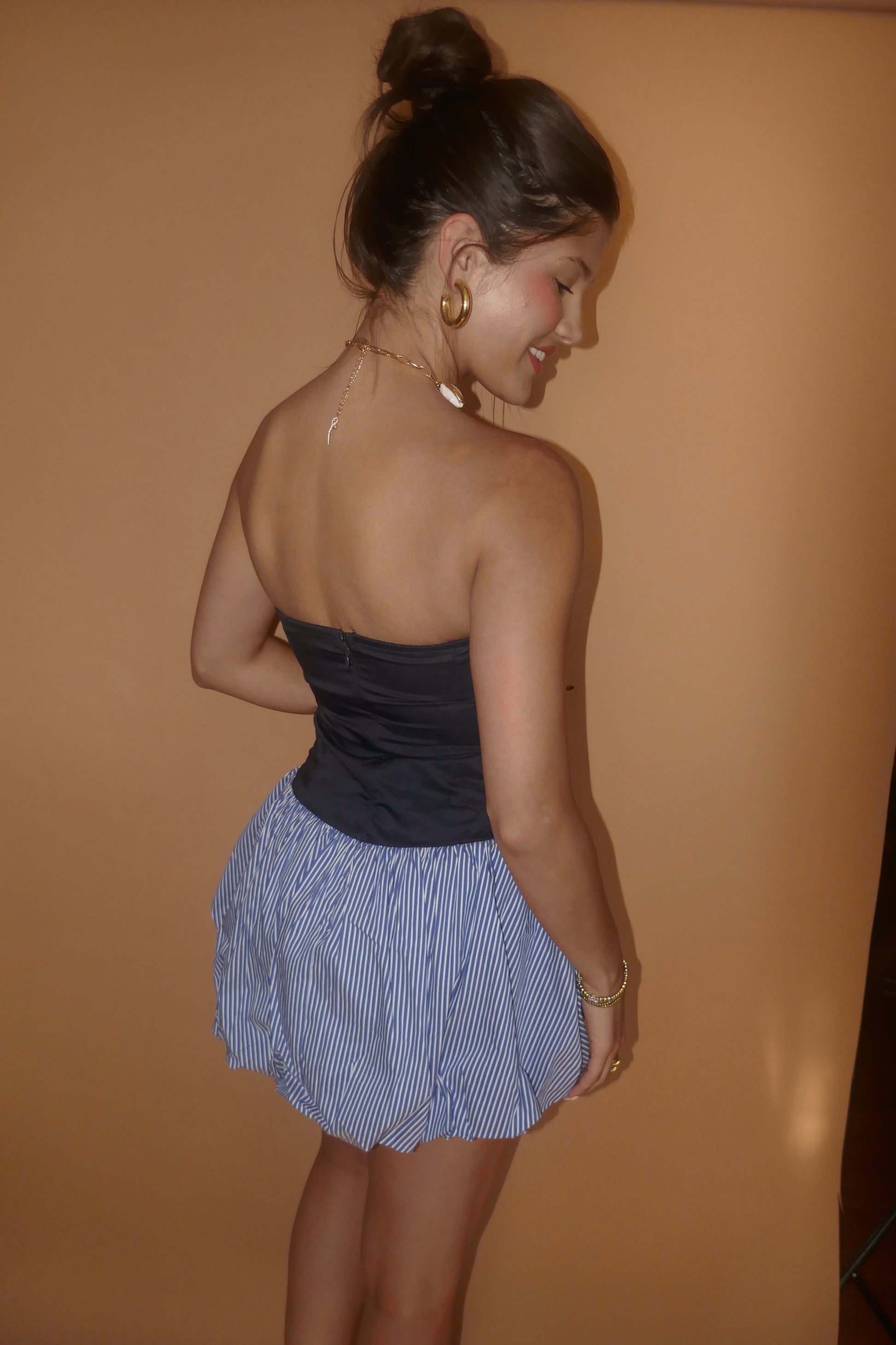 Blue strapless drop waist mini dress